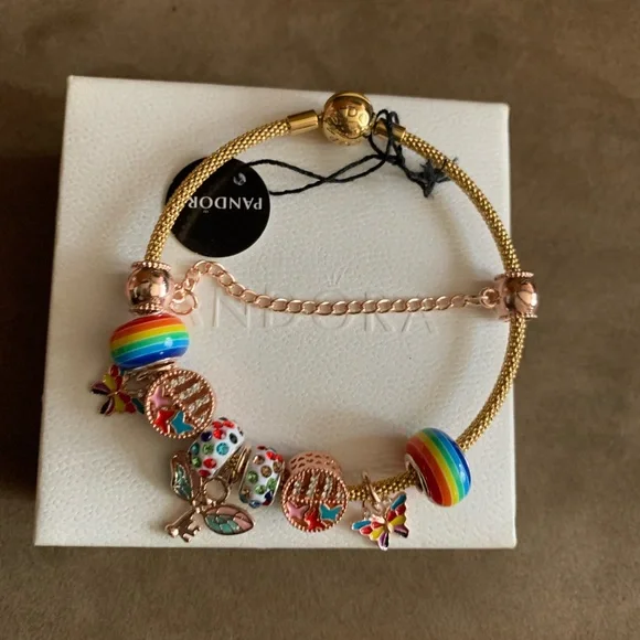 NWOT Pandora Moments 18K Gold Plated Mesh Bracelet w/ Rainbow Rose